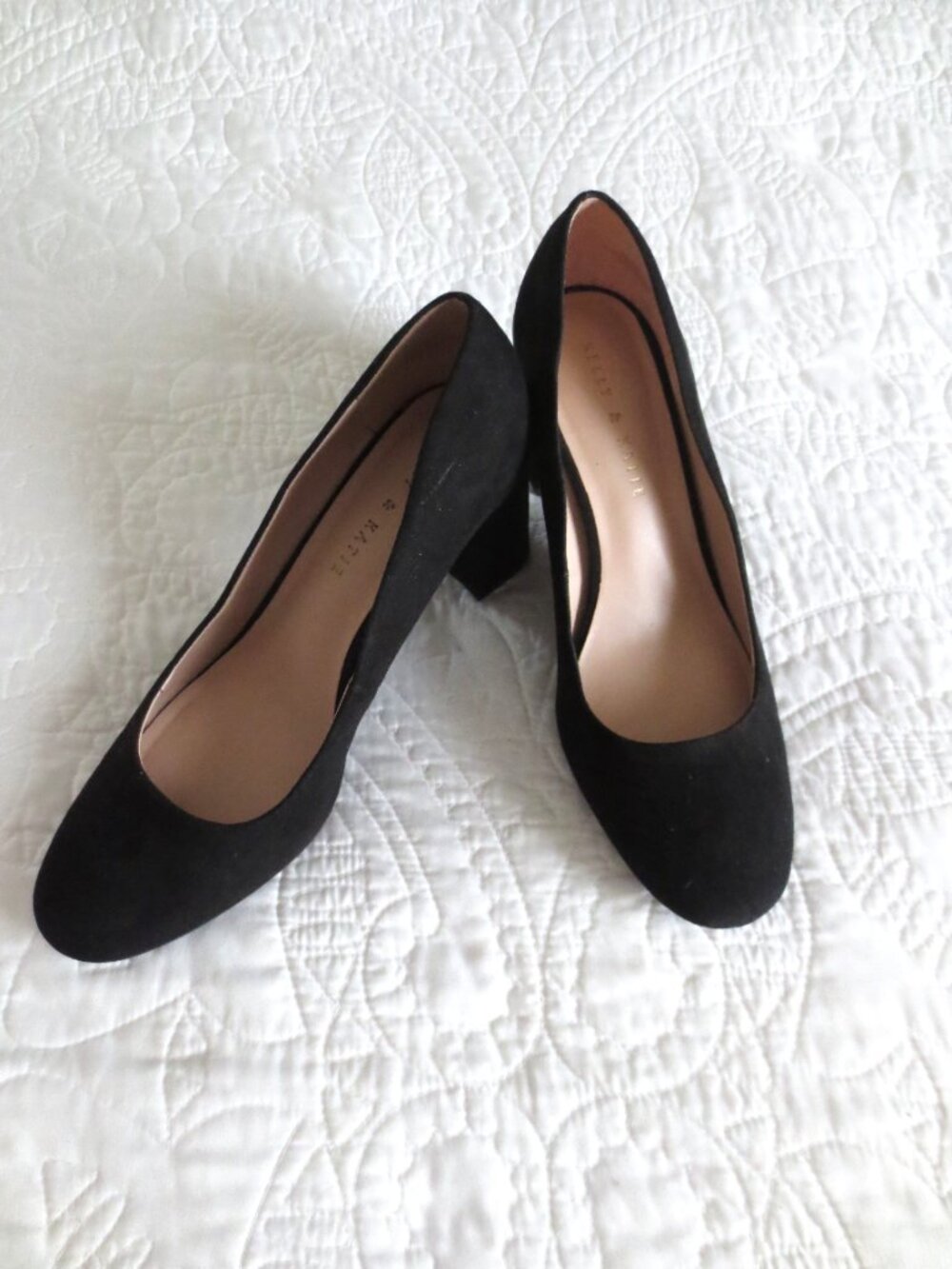 Classic Round Toe Black Suede Chunky Block Squared Heels - Picture 2 of 11